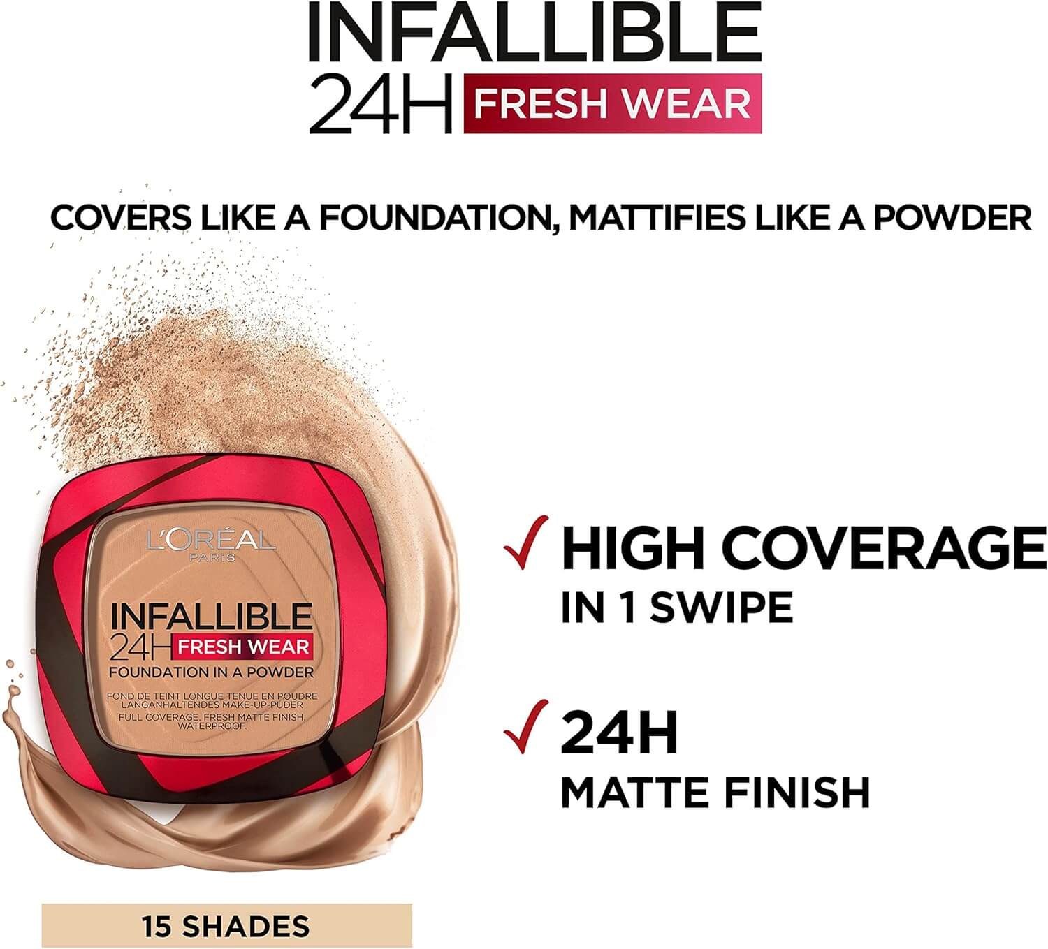 L'Oreal Infallible 24H Fresh Wear foundation in a powder packaging with text highlighting features.