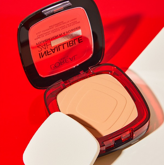 L'Oreal Makeup compact with powder on a red background