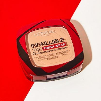 L'Oreal Infaillible 24H Fresh Wear foundation compact on a red and white background