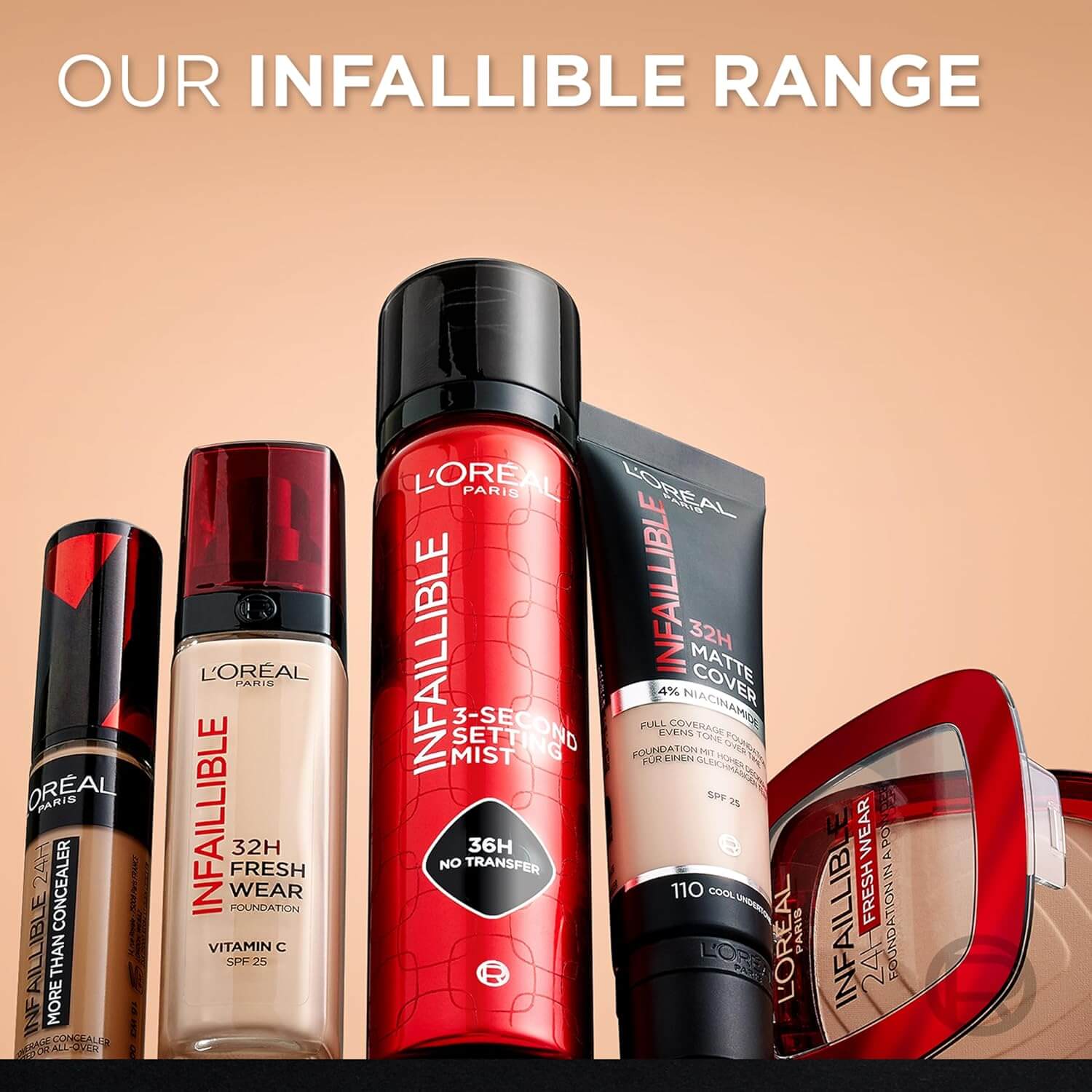L'Oreal Infallible makeup products on a beige background with 'Our Infallible Range' text.
