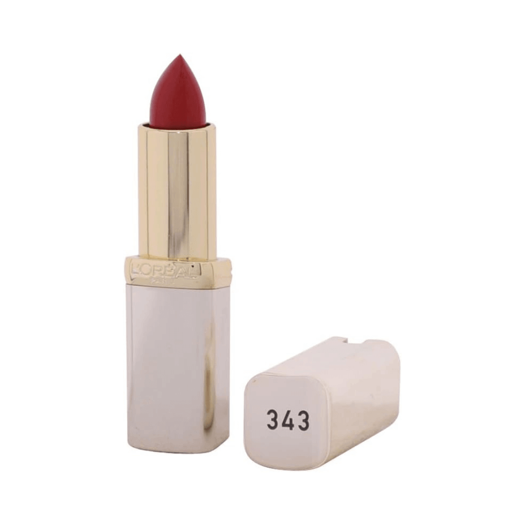 L'Oréal Paris Colour Riche Lipstick in shade 343 Rouge Sauvage, featuring vivid colour and hydrating oils for comfort.