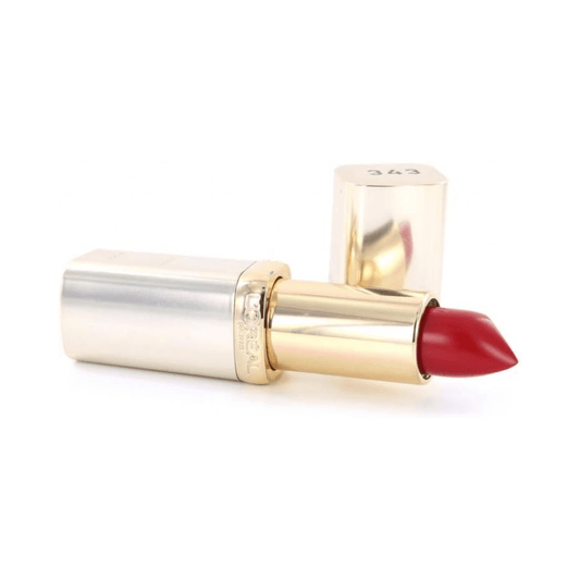 L'Oréal Paris Colour Riche Lipstick, shade 343 Rouge Sauvage, showcasing vivid red color and sleek tube design.