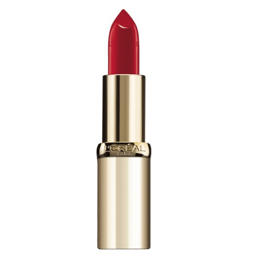 L'Oréal Paris Colour Riche Lipstick 343 Rouge Sauvage, vibrant red shade, enriched with Camellia oil for hydration.