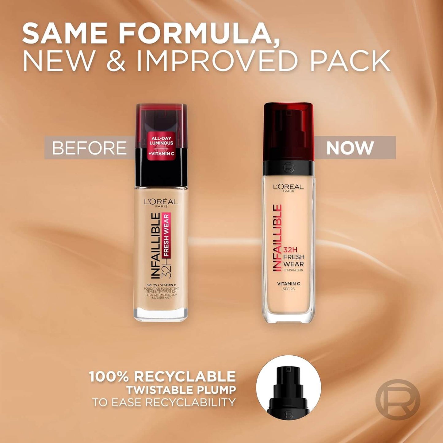L'Oréal Paris Infallible 32hr Freshwear Liquid Foundation - 250 Radiant Sand before and after packaging update.