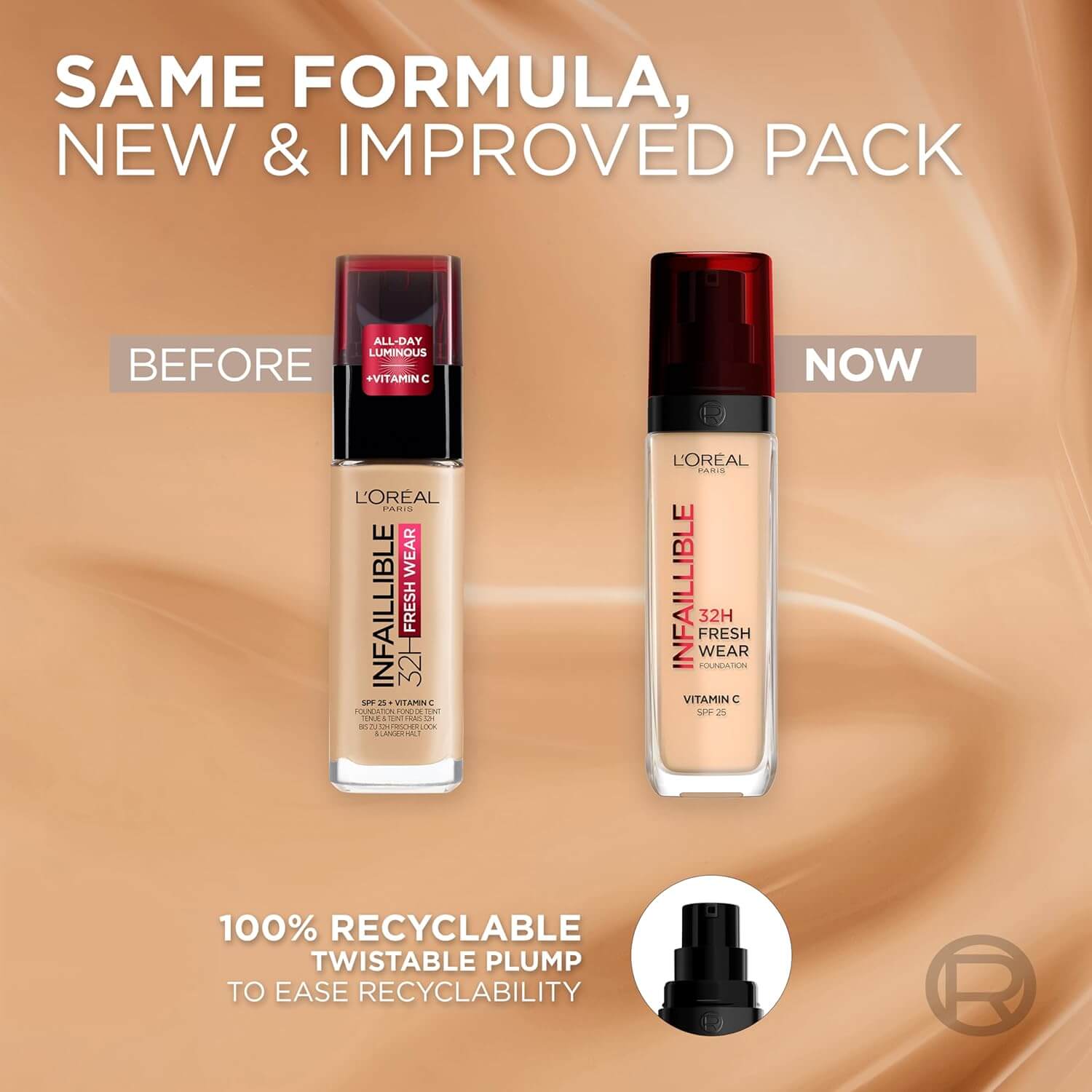 L'Oréal Paris Infallible 32hr Freshwear Liquid Foundation - 250 Radiant Sand before and after packaging update.