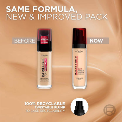 L'Oréal Paris Infallible 32hr Freshwear Liquid Foundation - 250 Radiant Sand before and after packaging update.