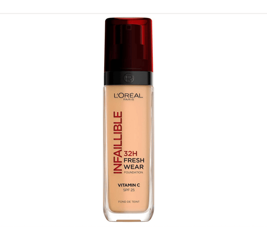 L'Oréal Paris Infallible 32hr Freshwear Liquid Foundation - 250 Radiant Sand in a clear bottle with a red cap.