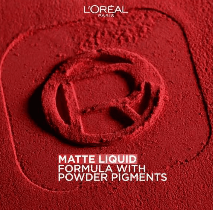L'Oreal Paris Infallible Matte Resistance lipstick showcasing matte liquid formula with powder pigments in bold red.