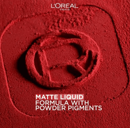 L'Oreal Paris Infallible Matte Resistance lipstick showcasing matte liquid formula with powder pigments in bold red.