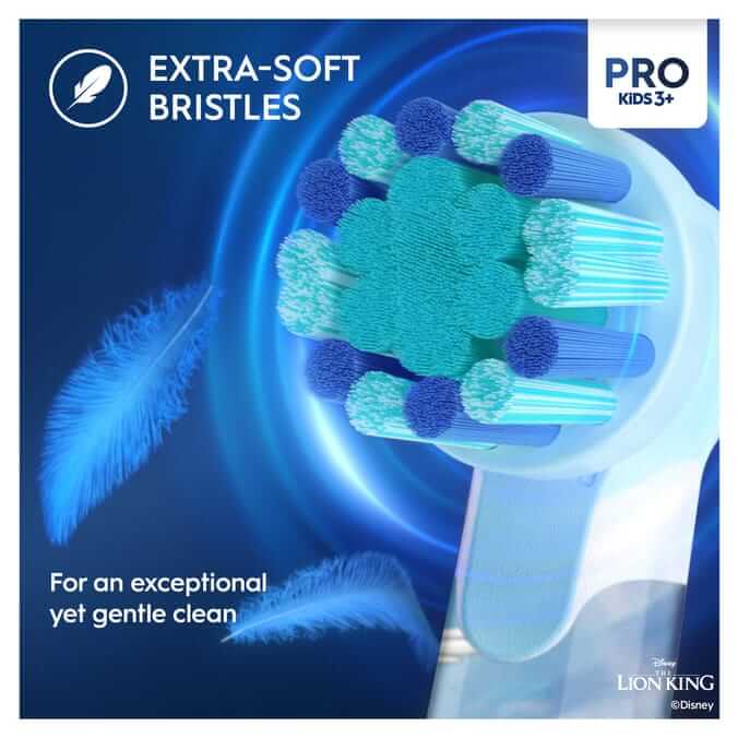 Close-up of Oral-B Pro Kids electric toothbrush bristles featuring extra-soft design for gentle cleaning.