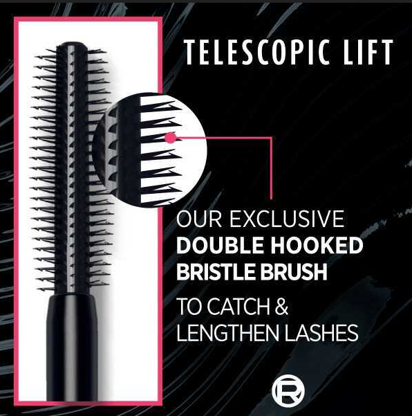 Close-up of L'Oreal Telescopic Lift mascara brush designed to catch and lengthen lashes with double hooked bristles.