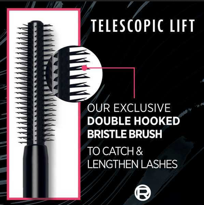 Close-up of L'Oreal Telescopic Lift mascara brush designed to catch and lengthen lashes with double hooked bristles.