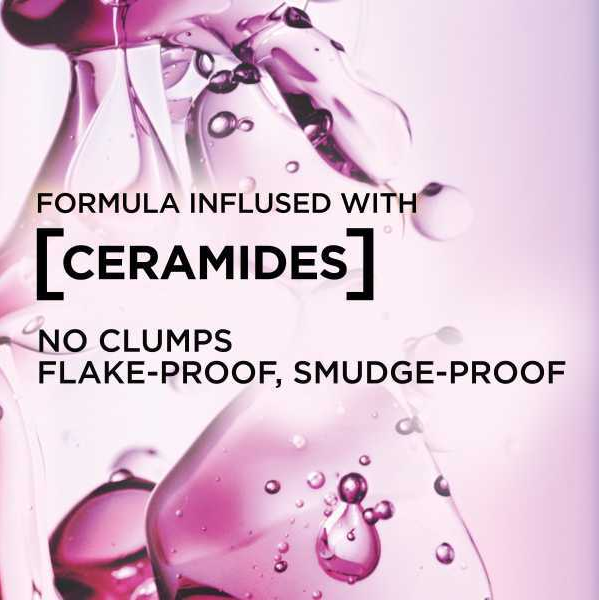 Image highlighting L'Oreal mascara formula with ceramides, ensuring no clumps and flake-proof, smudge-proof wear.