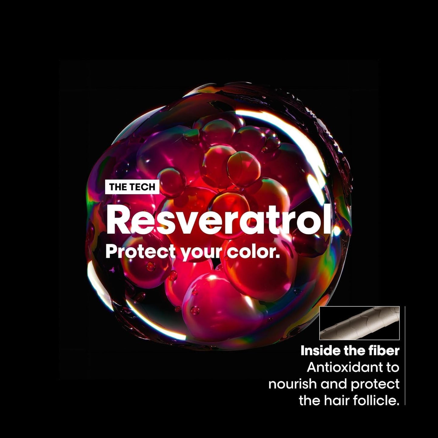 Advertisement for L'Oreal Professionnel Vitamino Masque 250ml hair care product with 'Resveratrol' text and colorful bubbles on a black background.