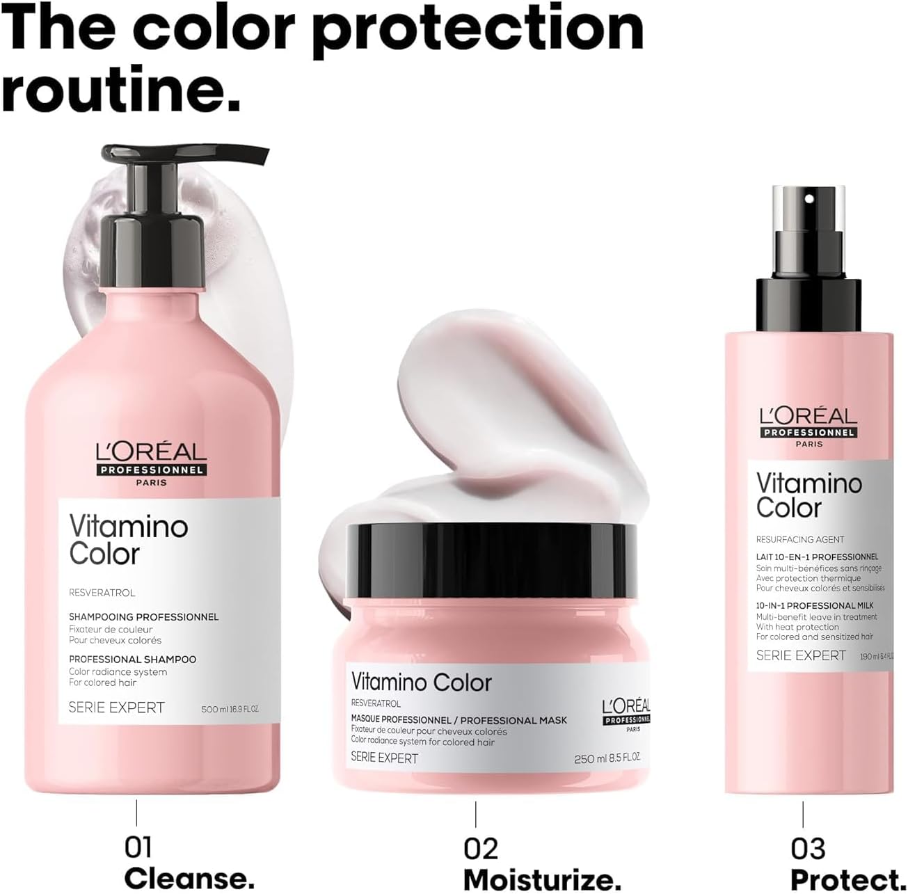 L'Oreal Vitamino Color hair care products with text indicating a color protection routine.
