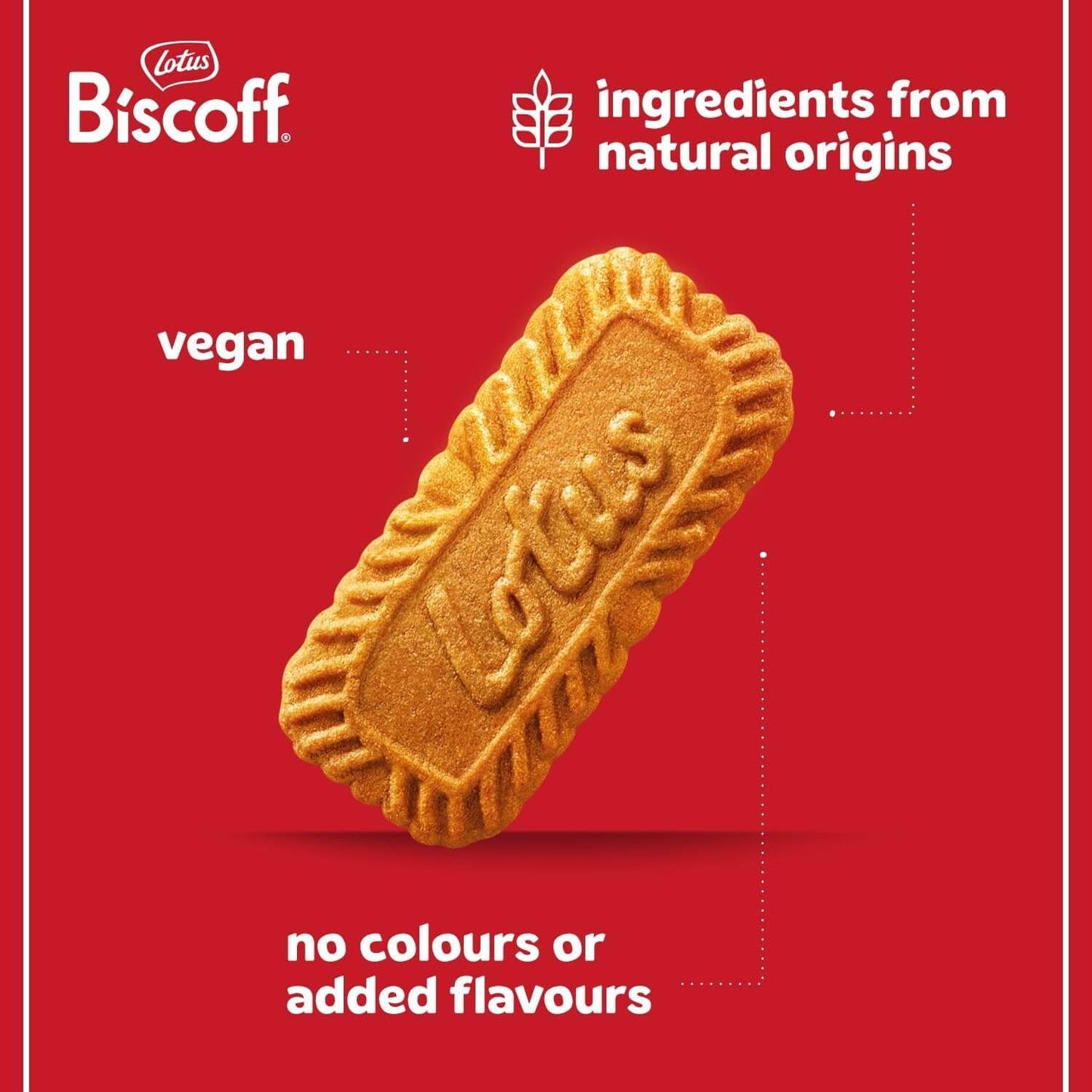 Lotus Biscoff cookie on a red background with branding and text about ingredients and vegan status.