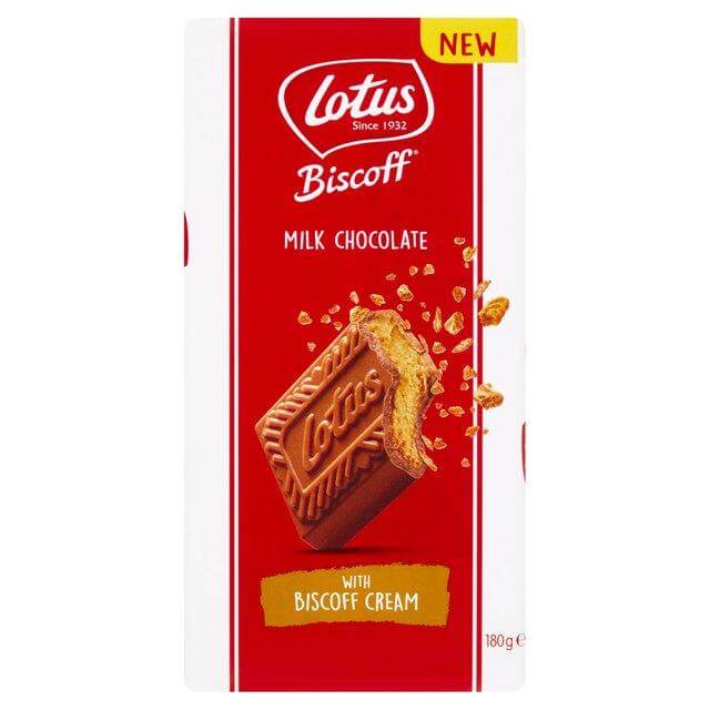 Lotus Biscoff Chocolate Bar with Biscoff Cream 180g packaging featuring milk chocolate and crunchy biscuit pieces.