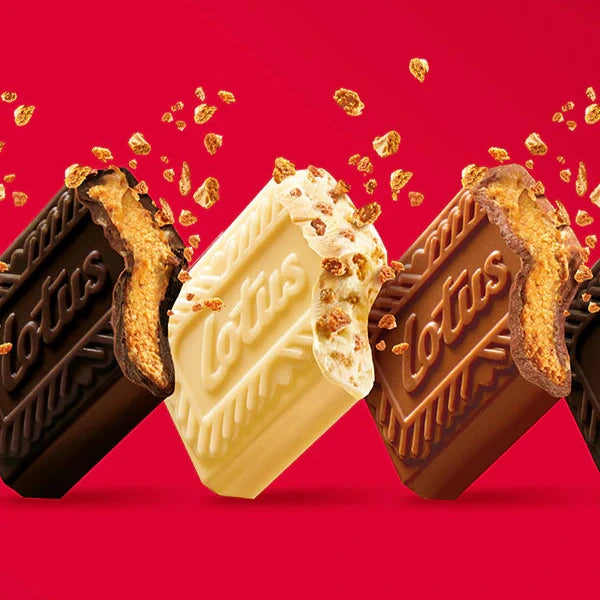 Three Lotus cookies in different flavors on a red background