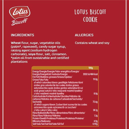 Ingredients and allergies information for Lotus Biscoff cookies including wheat and soy content.