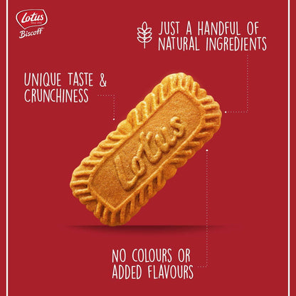 Lotus Biscoff biscuit highlighting natural ingredients, unique taste, and no added colors or flavors.