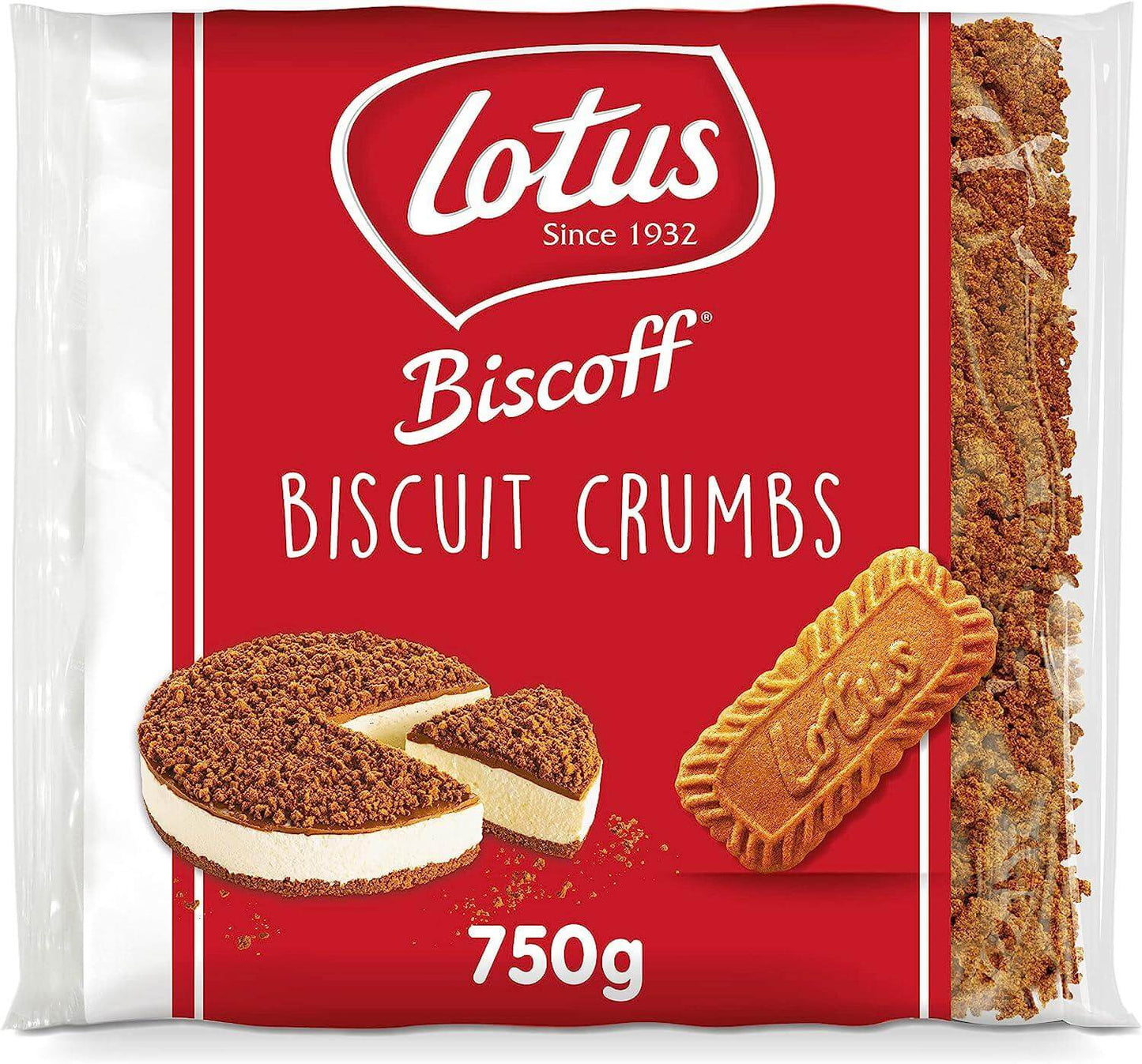 Lotus Biscoff Crumble 750g pack featuring crushed biscuits for desserts and toppings.