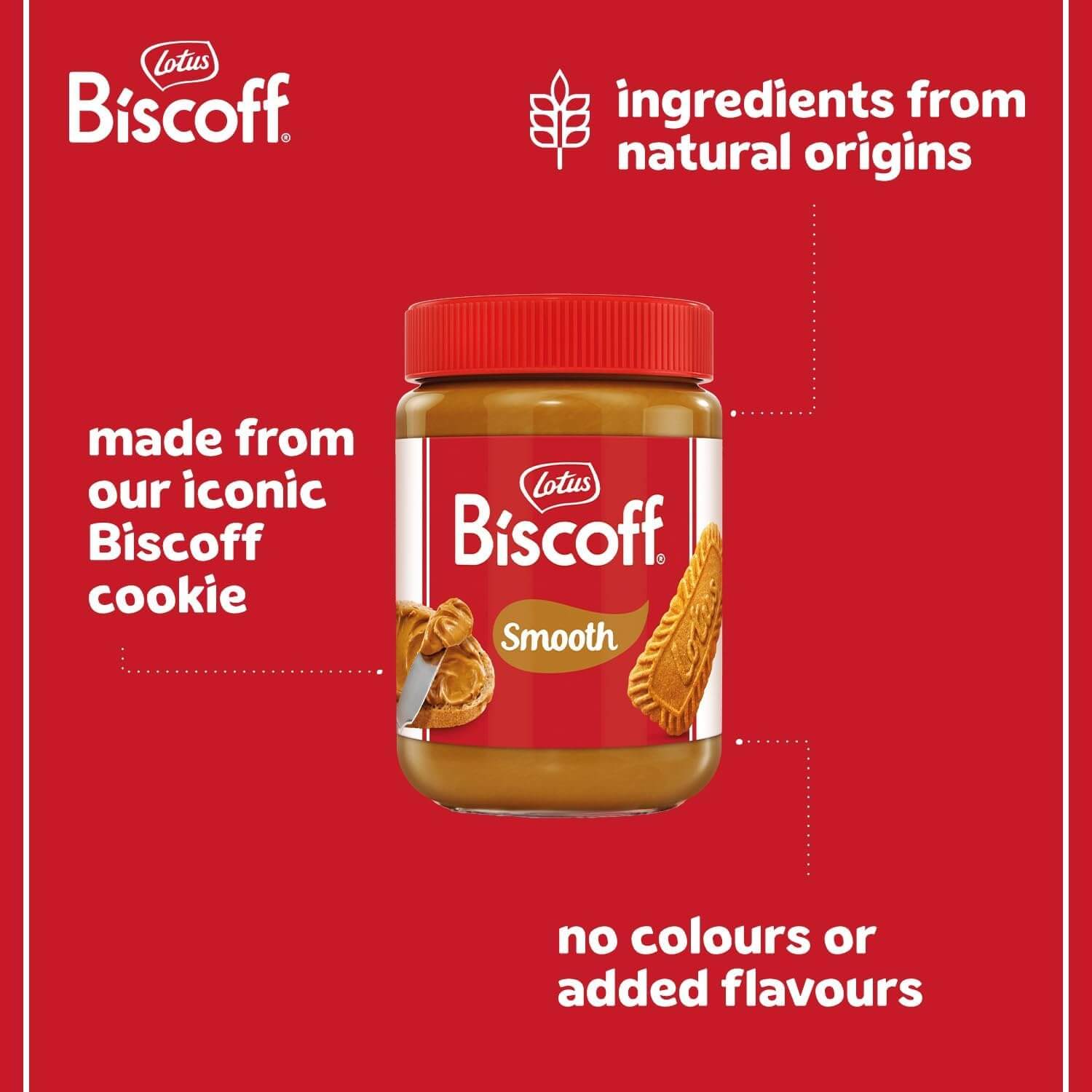 Jar of Lotus Biscoff spread on a red background with branding and product information.