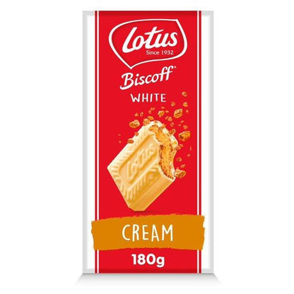 Lotus Biscoff White Cream 180g chocolate bar packaging with iconic logo and caramelized biscuit design.