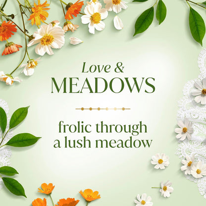 Floral design with text Dove 'Love & MEADOWS frolic through a lush meadow' on a light green background.