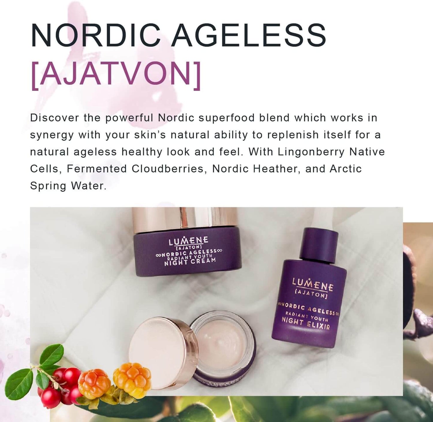 Lumene skincare products with text about Nordic Ageless and Ajatvon on a white background.