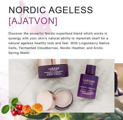 Lumene skincare products with text about Nordic Ageless and Ajatvon on a white background.