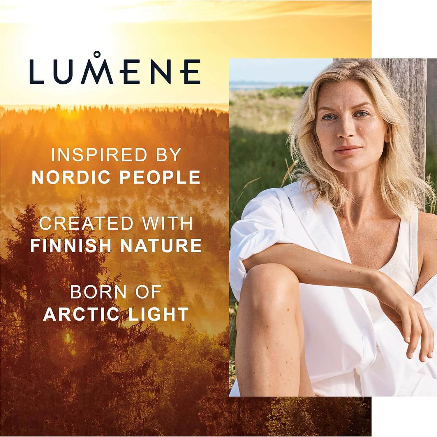 Lumene advertisement with a woman in a white dress sitting outdoors, featuring the brand's description.