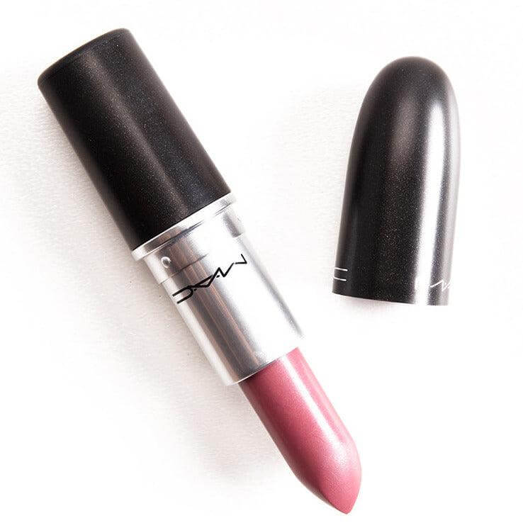 MAC Lustreglass Lipstick in Syrup, a medium-dark pink lipstick with a pearl finish, designed for nourished, glossy lips.