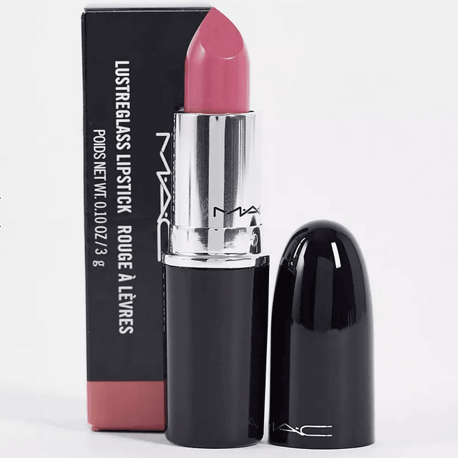 MAC Lustreglass Lipstick in Syrup, a medium-dark pink with a pearl finish, for smooth and nourished lips.