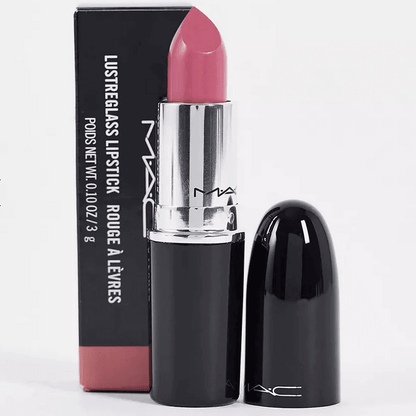 MAC Lustreglass Lipstick in Syrup, a medium-dark pink with a pearl finish, for smooth and nourished lips.