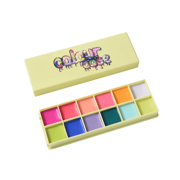 Made By Mitchell Colour Case cosmetic paint palette with 12 vibrant cream colors in a portable design.