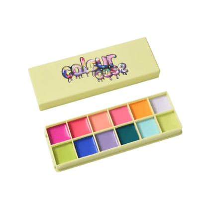 Made By Mitchell Colour Case cosmetic paint palette with 12 vibrant cream colors in a portable design.