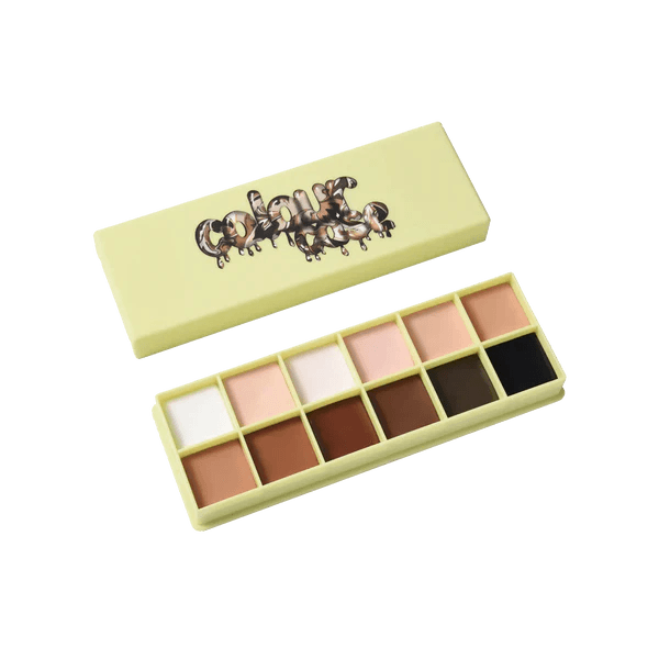 Made By Mitchell Colour Case Cosmetic Paint Palette open, featuring 12 cream formula pots in various shades.
