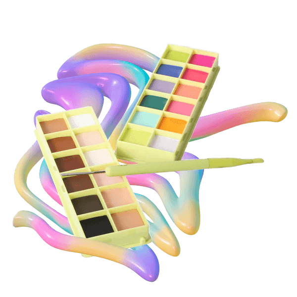 Made By Mitchell Colour Case Cosmetic Paint Palette with brush, featuring 12 vibrant pastel shades on a colorful background.