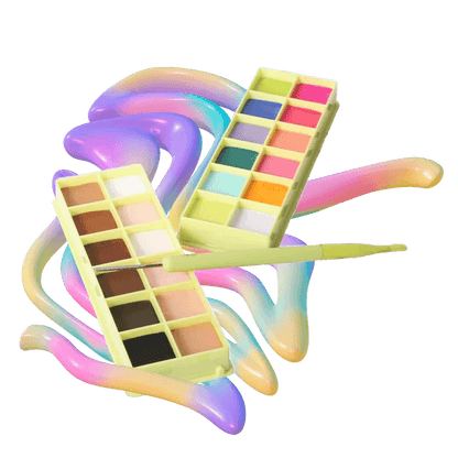 Made By Mitchell Colour Case Cosmetic Paint Palette with brush, featuring 12 vibrant pastel shades on a colorful background.