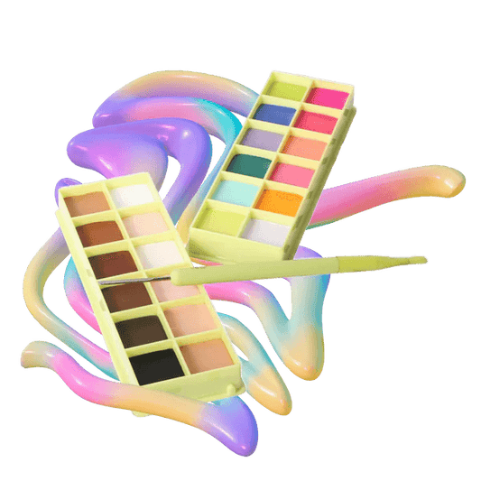 Made By Mitchell Colour Case Cosmetic Paint Palette with brush, featuring 12 vibrant pastel shades on a colorful background.