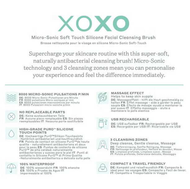 Magnitone XOXO SoftTouch Silicone Cleansing Brush infographic highlighting features and benefits