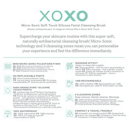 Magnitone XOXO SoftTouch Silicone Cleansing Brush infographic highlighting features and benefits