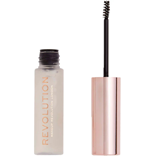 Makeup Revolution brow product with open cap on a white background