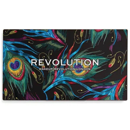 Makeup Revolution Creative Vol 1 Palette with colorful peacock feather design and logo, showcasing 24 vibrant eyeshadow shades.
