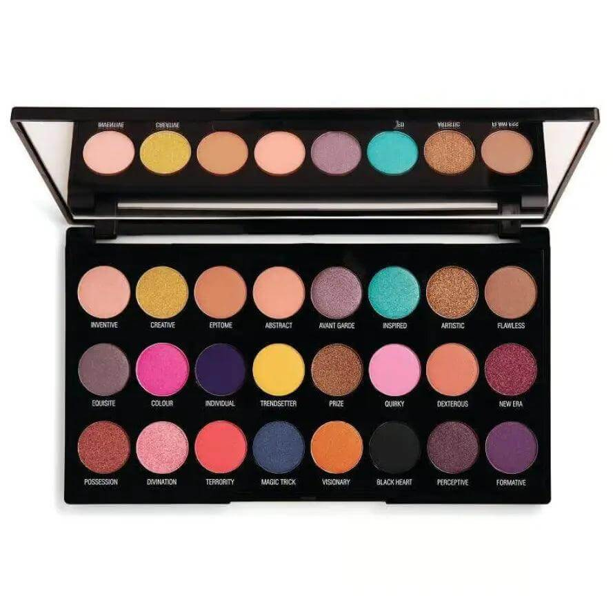 Makeup Revolution Creative Vol 1 Palette featuring 24 vibrant eyeshadow shades in bold brights and shimmers.