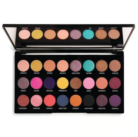 Makeup Revolution Creative Vol 1 Palette featuring 24 vibrant eyeshadow shades in bold brights and shimmers.