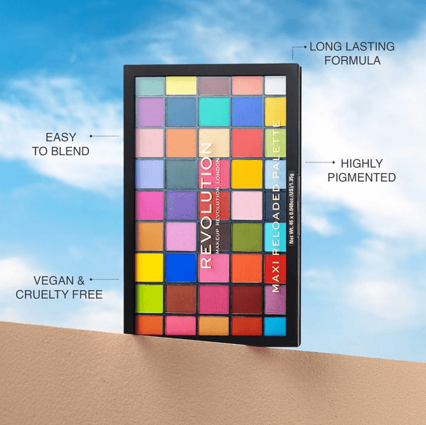 Revolution Maxi Reloaded Palette Monster Mattes with 45 vibrant, highly pigmented matte shades; vegan and easy to blend.