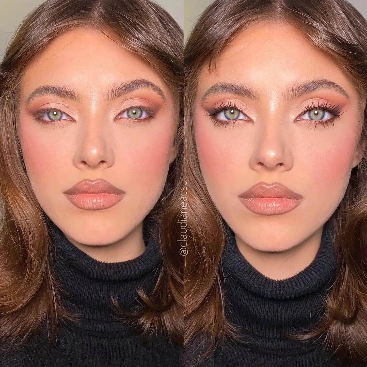 Before and after beauty transformation showcasing stunning makeup with emphasis on radiant skin and eye makeup.