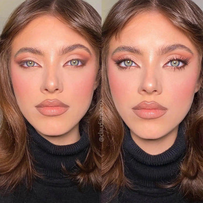 Before and after beauty transformation showcasing stunning makeup with emphasis on radiant skin and eye makeup.