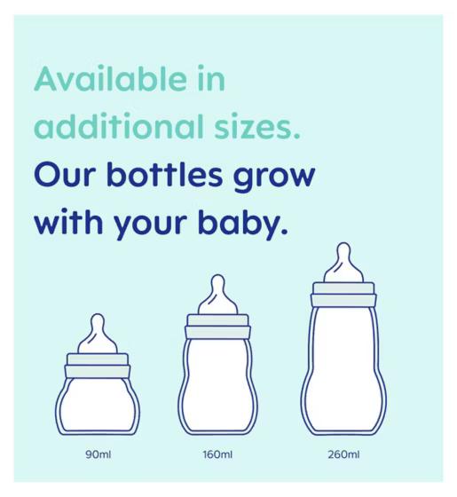 MAM Baby bottles of different sizes with text indicating availability in additional sizes on a light blue background.
